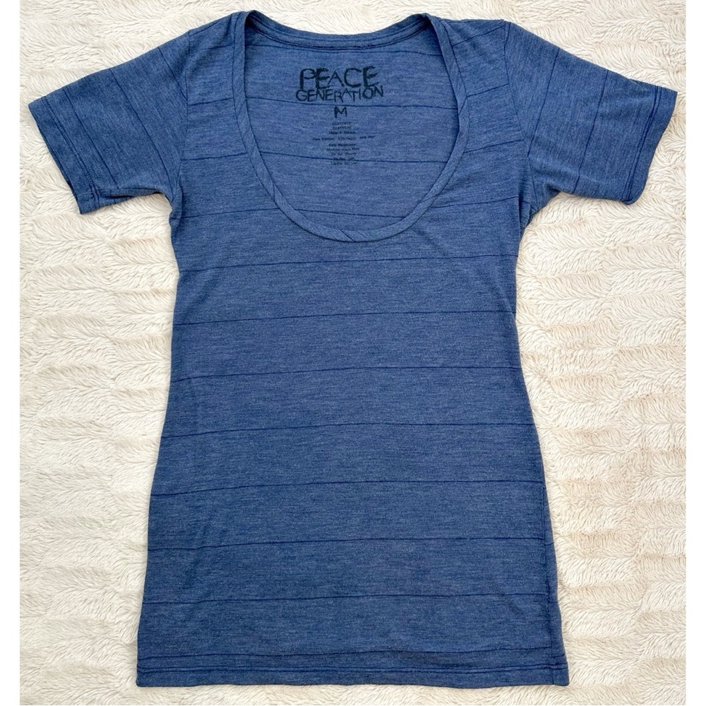Peace Generation Blue Fitted Striped Scoop Neck Shirt